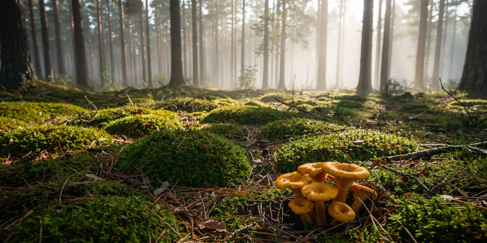 Mossig barrskog i Småland med kantareller i förgrunden.