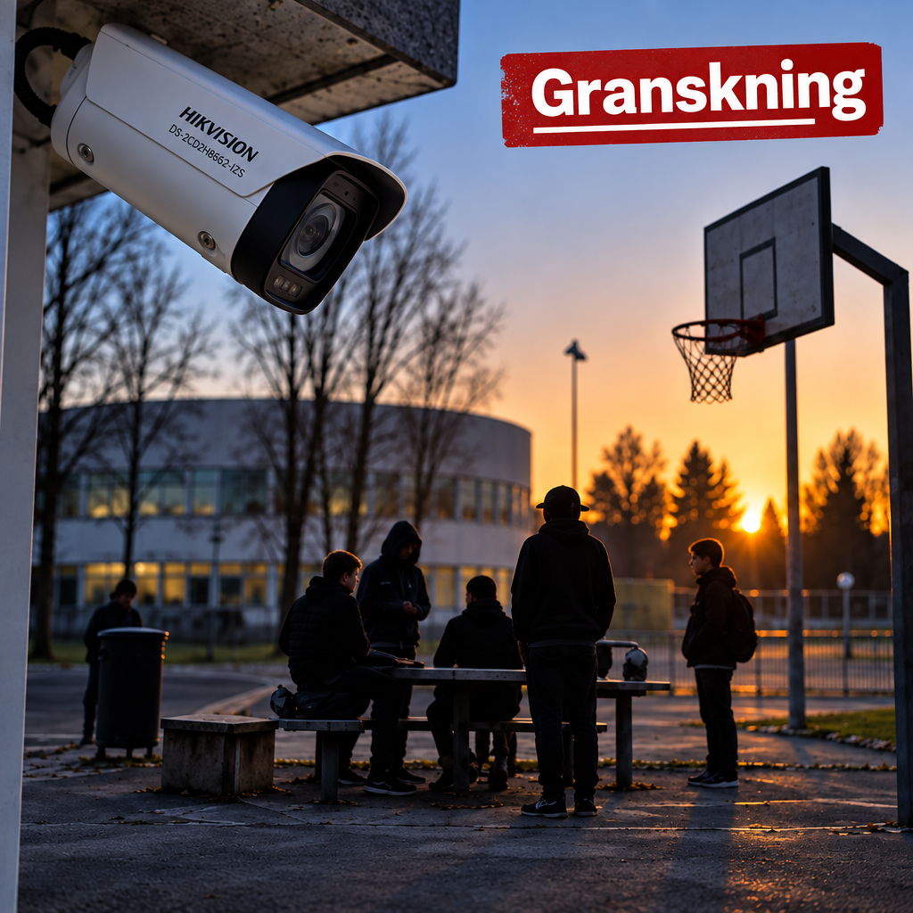 Bild på övervakningskamera och ungdomar vid en skola.