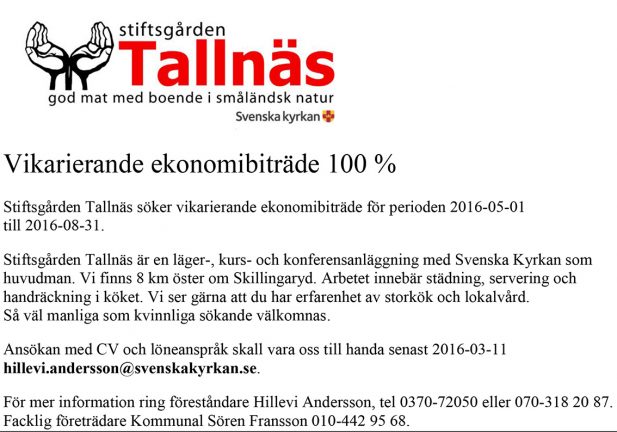 Vikariat att söka på Tallnäs